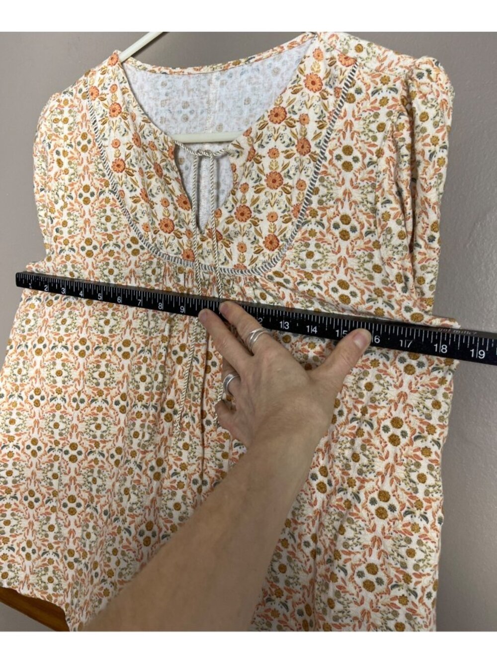 Wonderly Ditsy Floral Top Linen Orange Boho Puff Sleeve Peasant Prairie Wom M - Picture 3 of 6